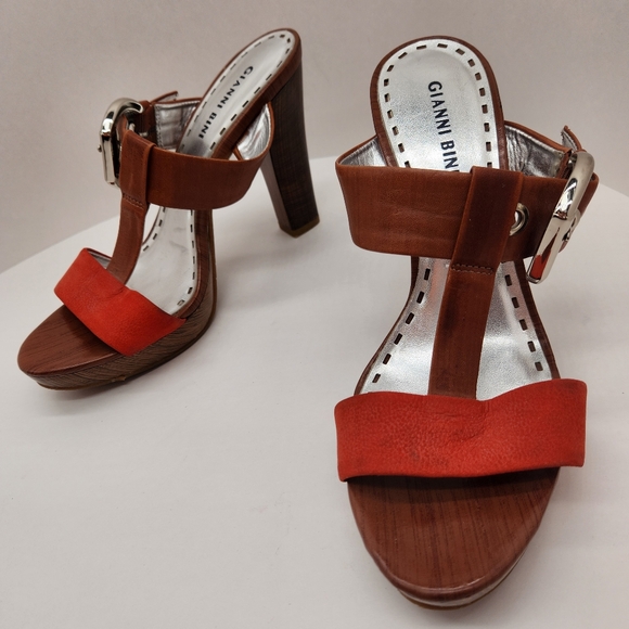 Gianni Bini heeled sandals 9.5 red brown leather platform mules chunky buckles - Picture 1 of 16